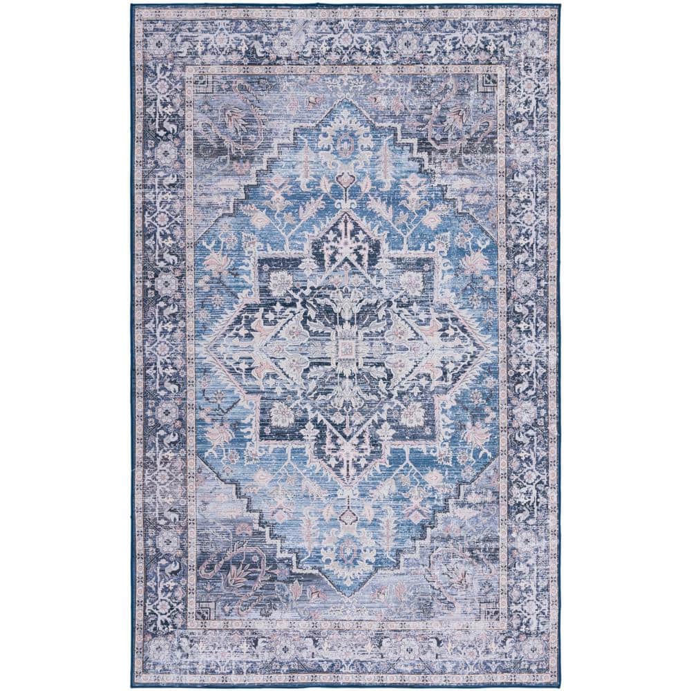 8' x 10' Blue and Charcoal Washable Synthetic Area Rug