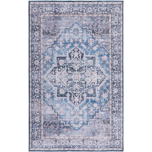Tuscon Blue/Charcoal 9 ft. x 12 ft. Machine Washable Medallion Floral Border Area Rug