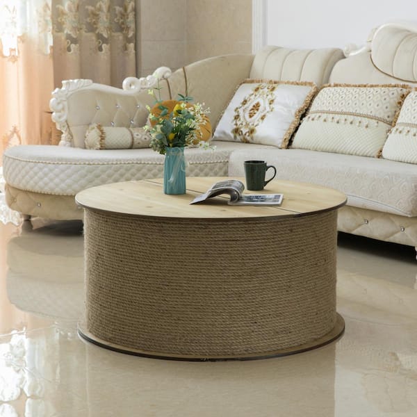 Vintiquewise Natrual Decorative Round, Round Lift Top Coffee Table With Storage 3 Ottoman