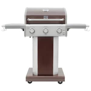 3-Burner Propane Gas Pedestal Grill with Folding Side Shelves in Mocha with 4-Wheels