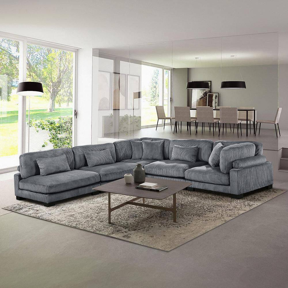 Turbo 135 in. Pillow Top Arm 5-Piece Corduroy Fabric Modular Sectional Sofa in Gray