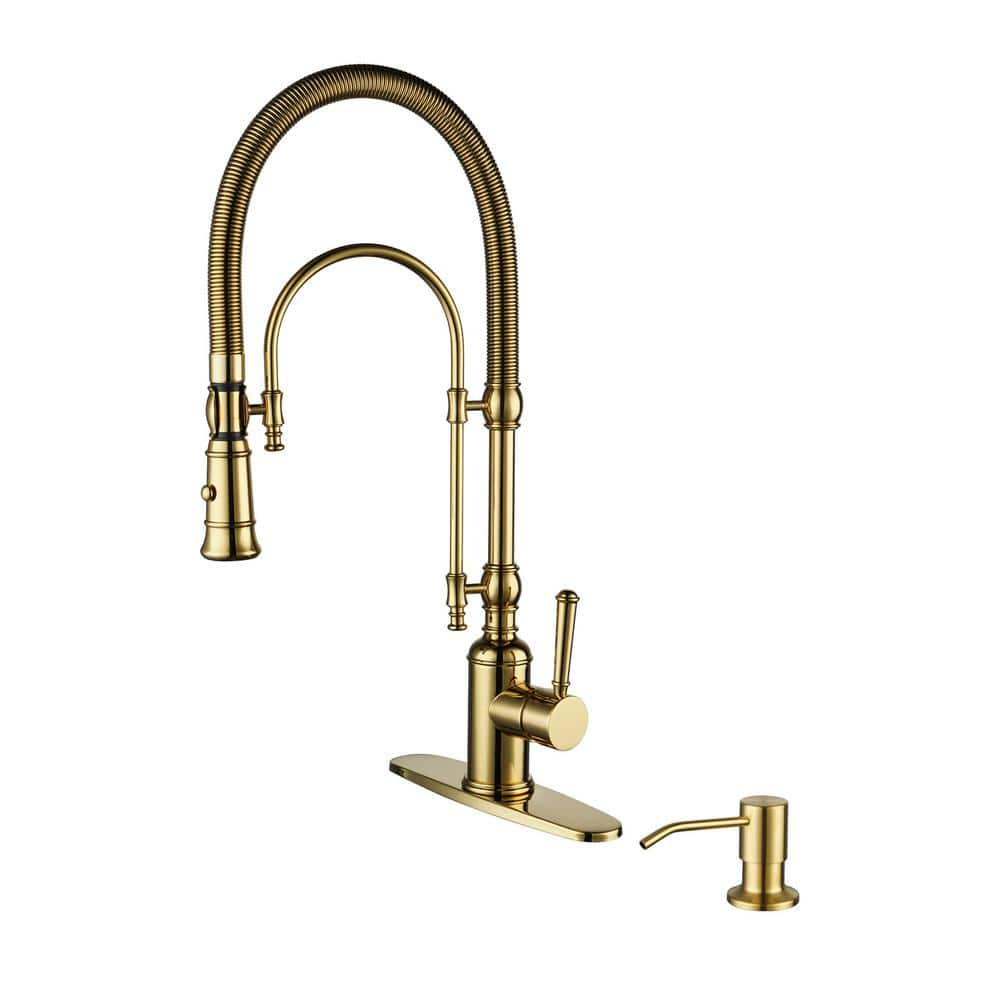 ALEASHA Single Handle Pull Down Sprayer Kitchen Faucet With Soap   Brushed Gold Pull Down Kitchen Faucets Al 1a55g S 64 1000 