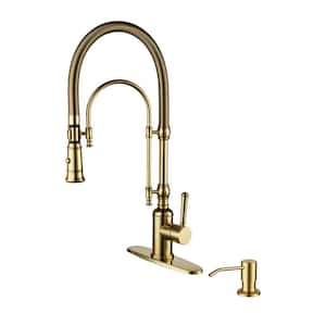 Single Handle Pull Down Sprayer Kitchen Faucet with Soap Dispenser in Brushed Gold