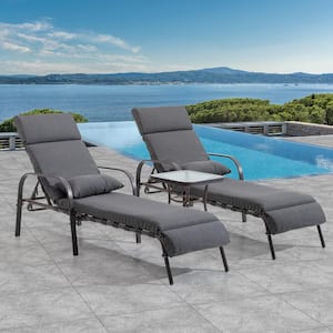 3-Piece Adjustable Metal Outdoor Chaise Lounge with Dark Gray Cushions and Table Set
