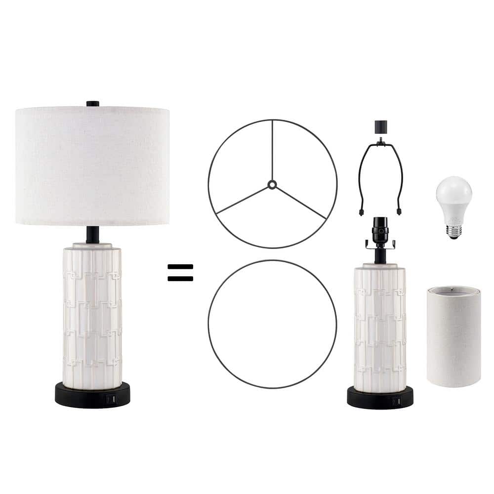 White Ceramic Table Lamp Set with USB Port and Linen Shade