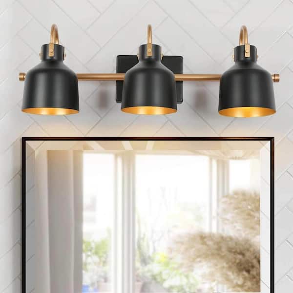 Uolfin Modern Bathroom Vanity Light, 22.5 in. 3-Light Farmhouse Black and Gold Bell Cylinder Wall Sconce Light