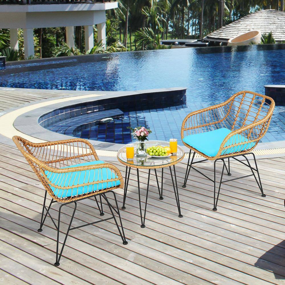 Turquoise Cushioned Rattan Armchair Set with Glass Table