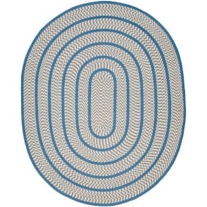 Braided Ivory/Blue Doormat 3 ft. x 4 ft. Oval Border Area Rug