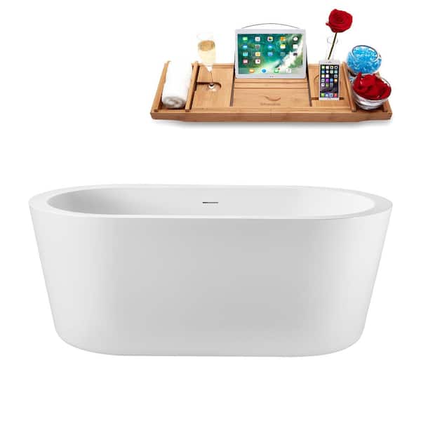 59 in. x 34 in. Acrylic Freestanding Soaking Bathtub in Glossy White with Brushed Gold Drain, Bamboo Tray