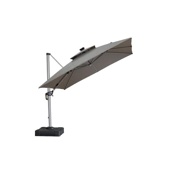 10 ft. Square Sunbrella Aluminum Solar Powered LED Cantilever Offset Patio Umbrella with Base in Gray
