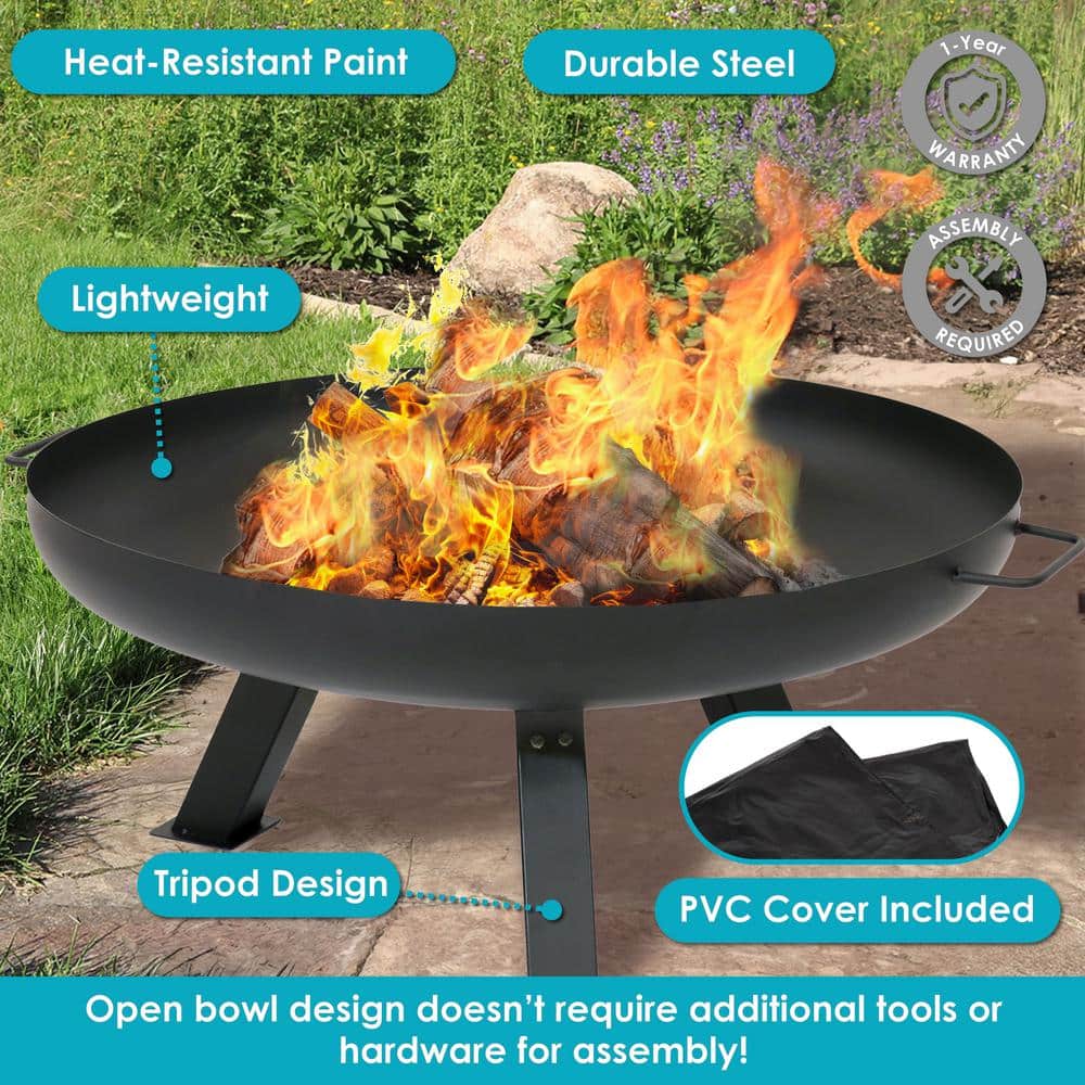 Rustic Black Steel Tripod Fire Pit Table with PVC Cover