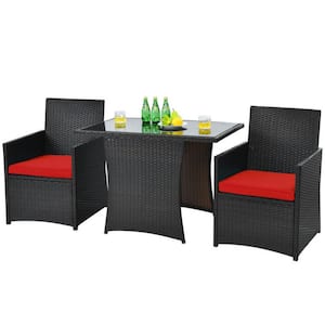 3-Piece Wicker Outdoor Patio Conversation Set Patio Rattan Furniture Set with Red Cushion and Sofa Armres