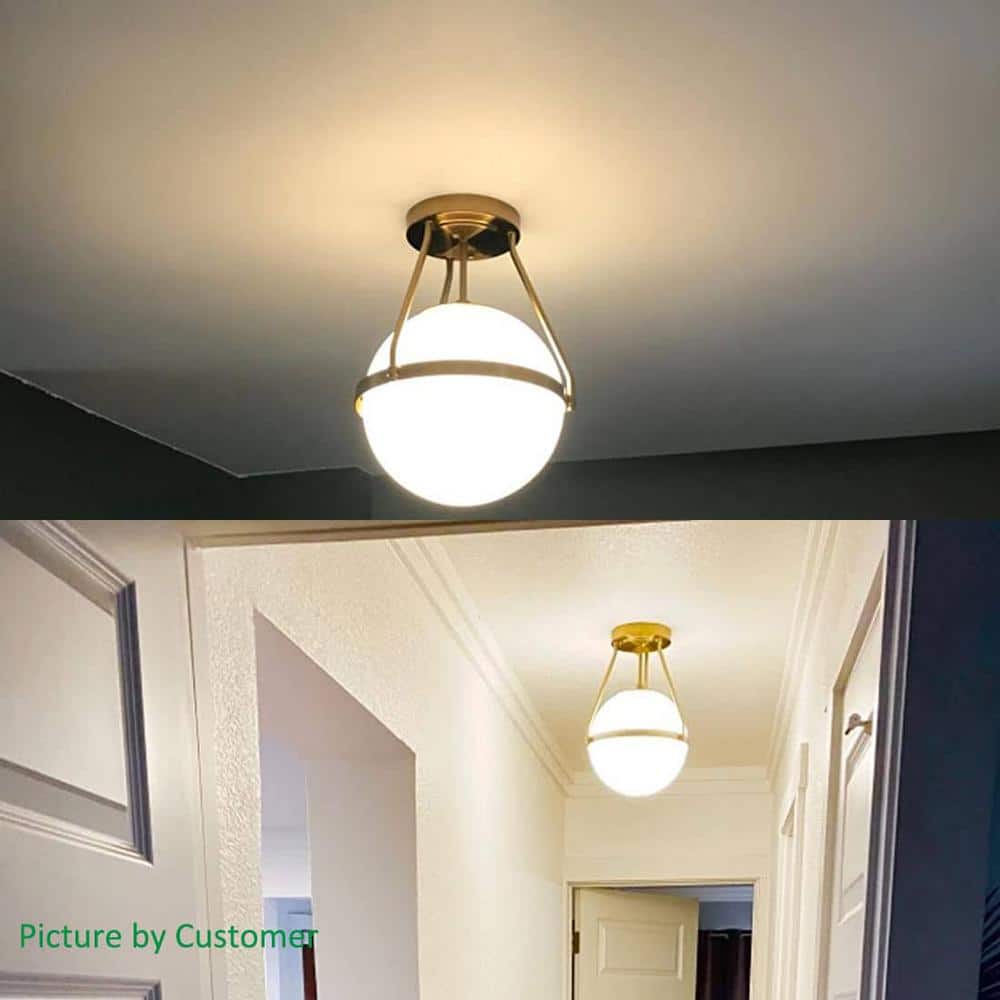 Brass and White Glass Globe Semi Flush Mount Light