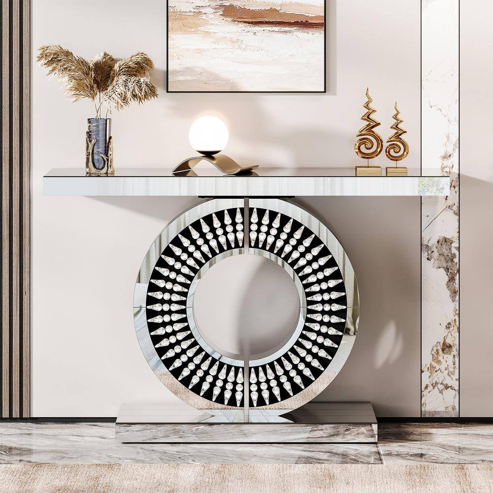 Luxurious Silver Mirrored Console Table with Crystal Inlays