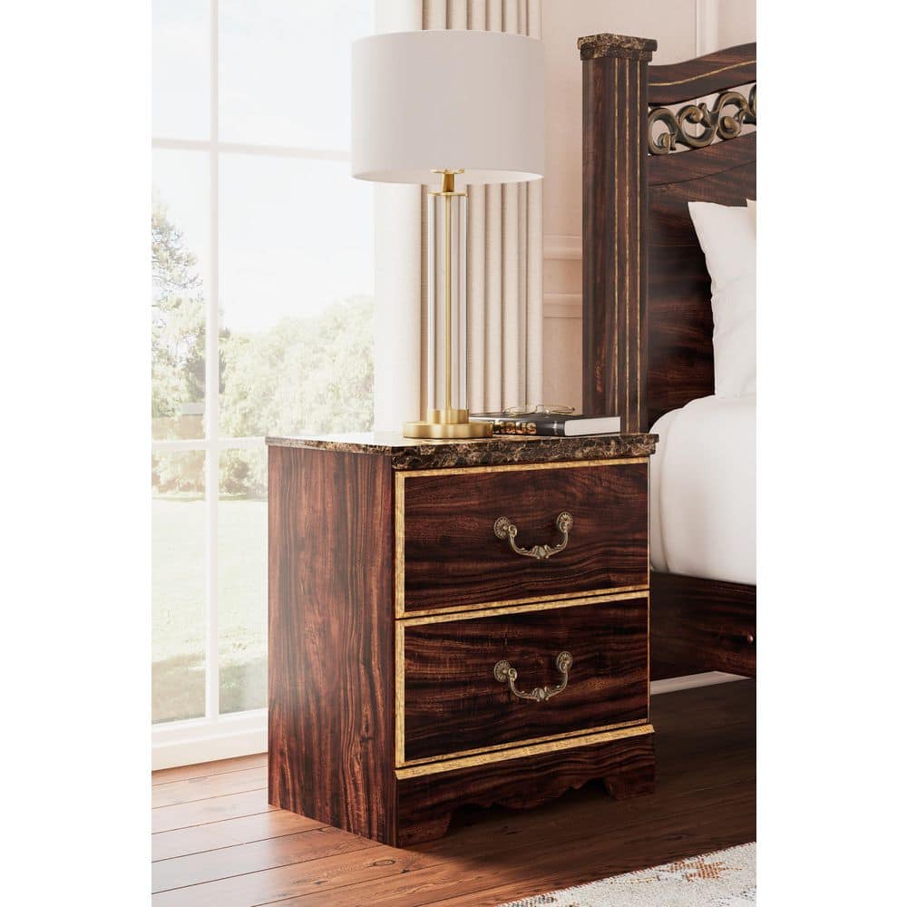 Dark Brown Traditional 2-Drawer Nightstand with USB Port