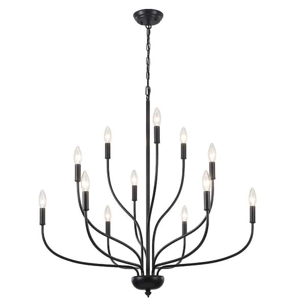 12-Light Large Modern Farmhouse Black Chandelier Classic Candlestick Dining Room Pendant Light