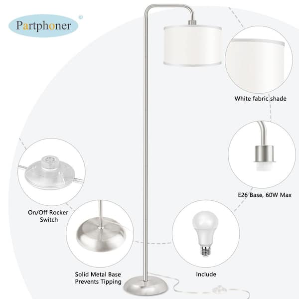 64. 1in Silver Paint Modern Standing Lamp, 1 Bulb 3 Color Temp Arc Floor Lamp for Living Room with Shade Footswitch
