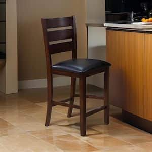 24 in. Black and Brown High Back Wood Frame Bar Stool with Faux Leather Seat