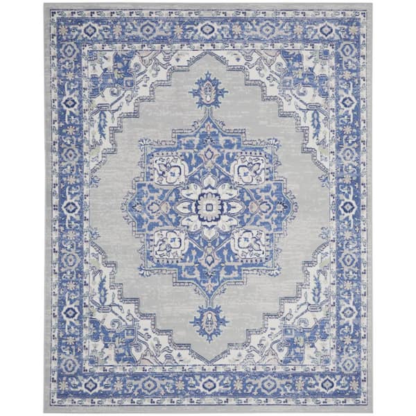 7 ft. x 10 ft. Blue and Gray Floral Medallion Distressed Non Skid Area Rug