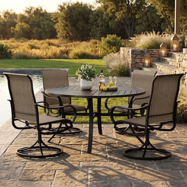 Black 5-Piece Metal Patio Outdoor Dining Set with Slat Round Table and Textilene Swivel Chairs