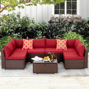 Crystal 7-Piece Wicker Patio Conversation Set with Red Cushions, 2 Orange Pillows (Corner Lift Sofa)