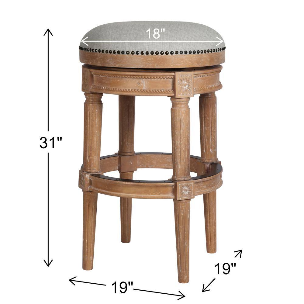 Weathered Natural Oak Backless Swivel Bar Stool with Gray Upholstered Seat