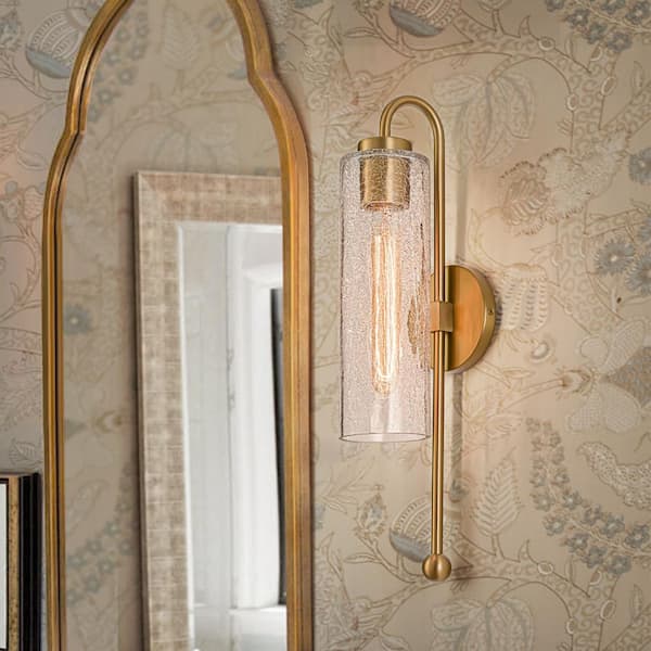 Dvorakova 19.53 in. 1-Light Cylinder Brushed Gold Wall Sconce with Crackle Glass Shade