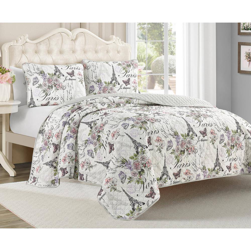 Paris Floral Gray Cotton Full Reversible Quilt Set