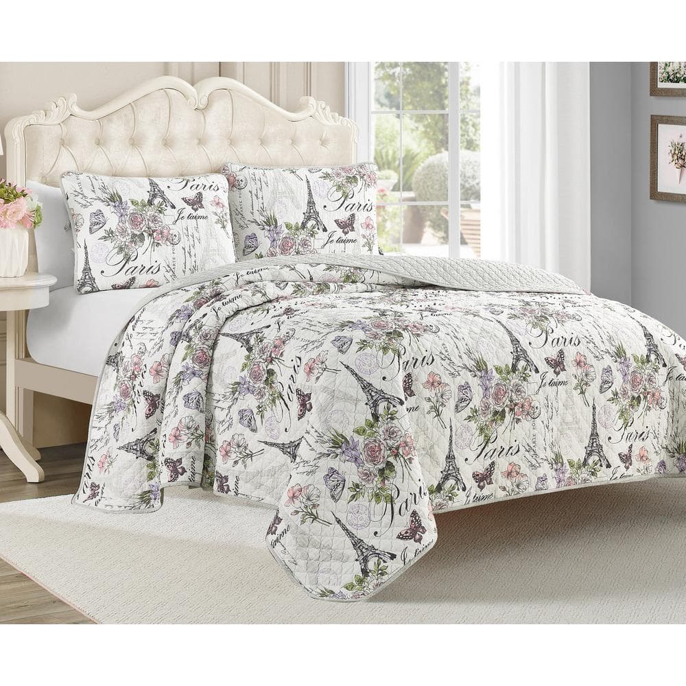 Paris Floral White Cotton Reversible King Quilt Set