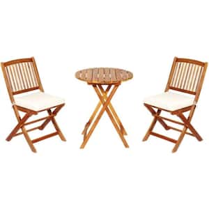 3-Piece Brown Wood Round Table Outdoor Bistro Set with Padded White Cushion and Coffee Table