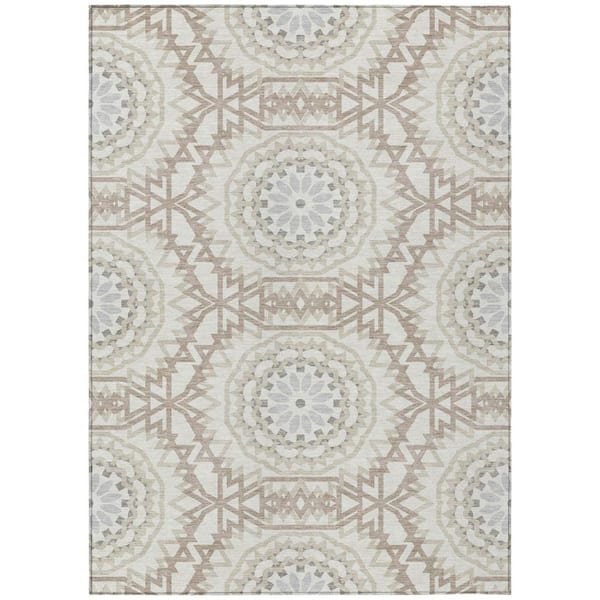 Ivory, Beige, Silver 9 ft. x 12 ft. Woven Floral, Medallion Polyester Rectangle Indoor/Outdoor Area Rug