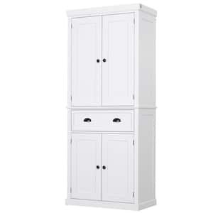 White Freestanding Kitchen Pantry with Drawer and Adjustable Shelves