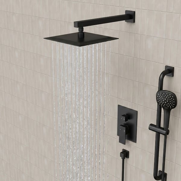 10 in. Wall Mount 2-Spray Dual Fixed and Handheld Shower Head with Slide Bar in Matte Black Valve Included