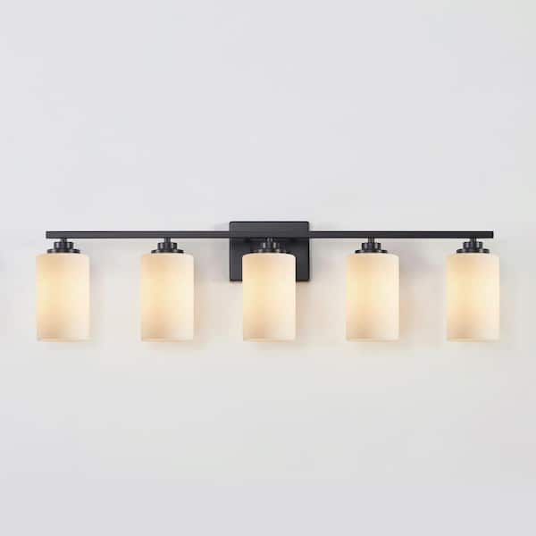 KAWOTI 35 in. 5-Light Black Vanity Light with Frosted Glass Shade