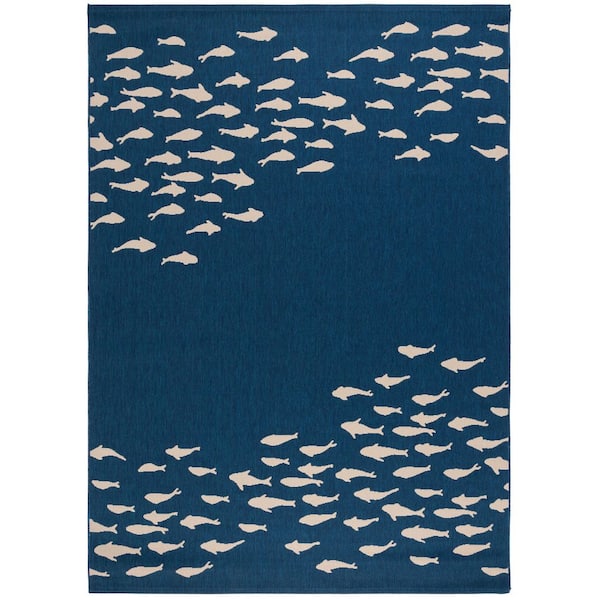 Courtyard Navy/Beige 8 ft. x 11 ft. Aquatic Indoor/Outdoor Area Rug