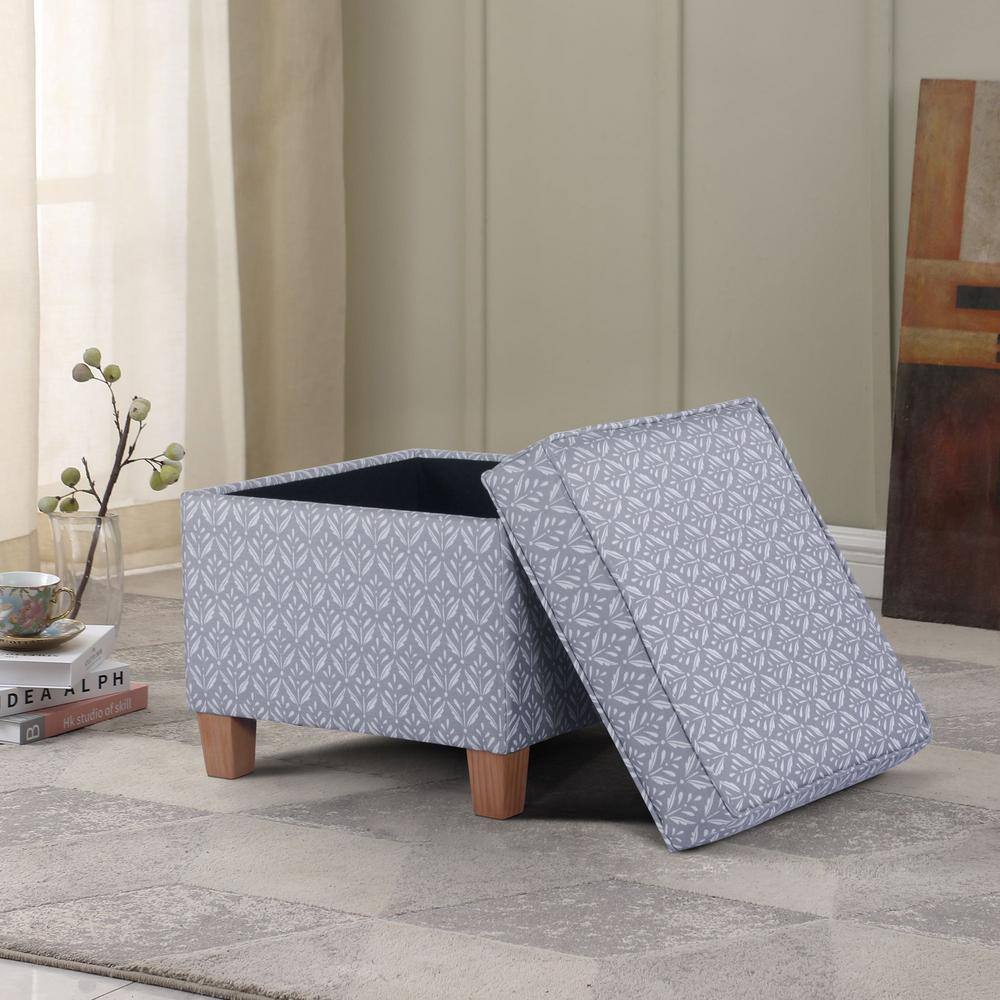 Light Gray Tufted Fabric Square Storage Ottoman with Wood Legs