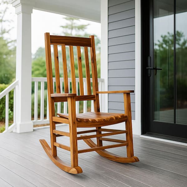 44"H Oak Porch Rocker made of Acacia, Porch Rocking Chair, Classic Wooden Porch Rockers, Indoor or Outdoor Rocking Chair