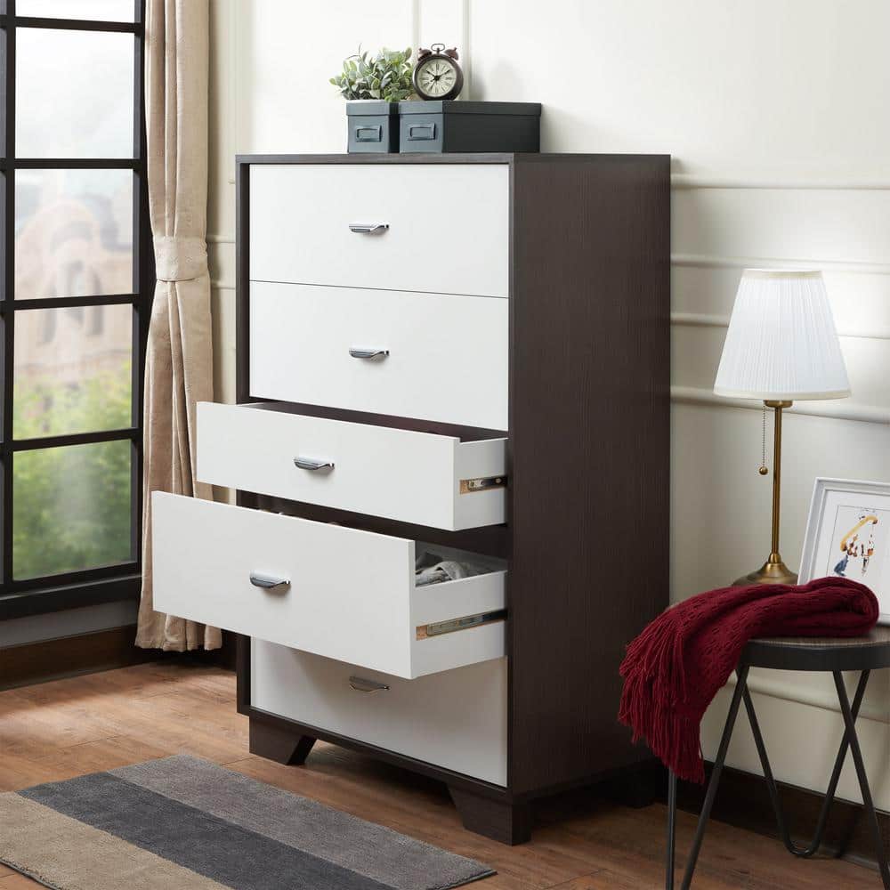 Eloy Industrial Vertical Storage Chest with Soft Close Drawers, White & Espresso