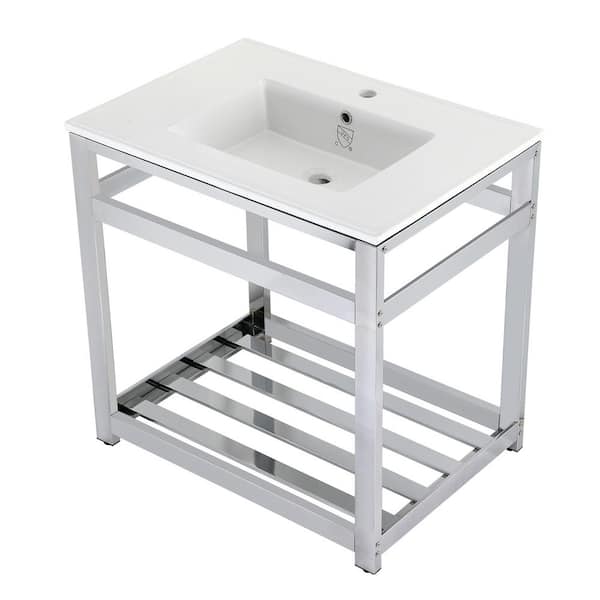 Kingston Brass 31 in. Ceramic Console Sink (1-Hole) with Stainless Steel Base in Chrome