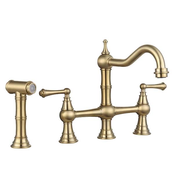 Brass 8 in. Double Handle Bridge Kitchen Faucet with Brass Valve, Side Sprayer and Supply Lines in Gold