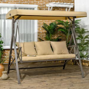 3-Seat Patio Swing Chair, Porch Swing Glider with Adjustable Canopy for Porch, Garden, Poolside, Backyard, Khaki