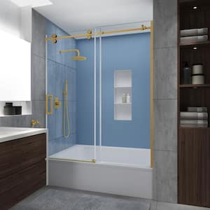 Langham XL 56 - 60 in. W x 70 in. H Frameless Sliding Tub Door in Brushed Gold with Star Cast Clear Glass, Left Opening
