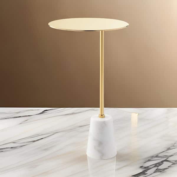 Benjara 12 in. White and GoldRound Marble End Table with Cone Base