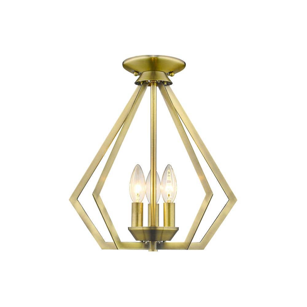 Triangular Prism Mini Chandelier in Antique Brass with 3-Light Design