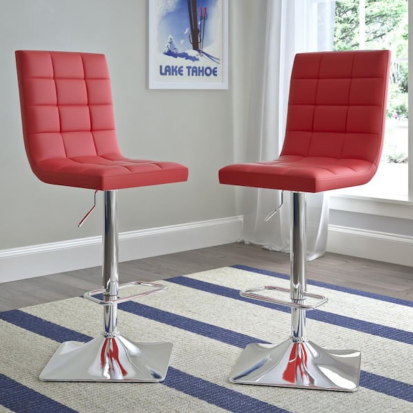 Adjustable Height Red Bonded Leather Swivel Bar Stool (Set of 2)