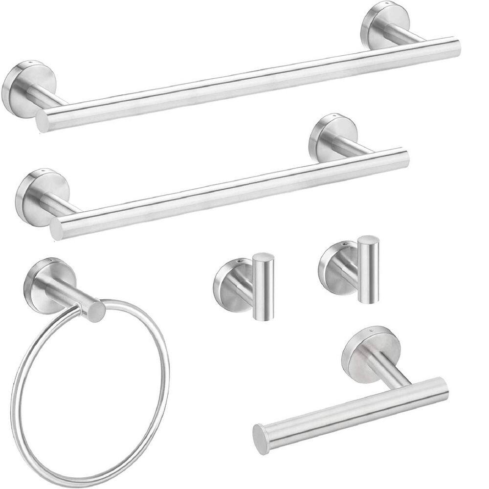 Modern 6 Piece Wall-Mounted Stainless Steel Bathroom Wall Mount Towel Rack 