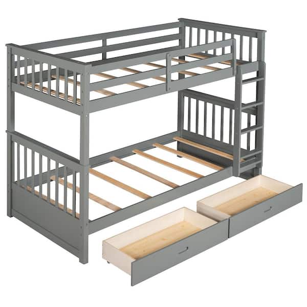 Clihome Twin over Twin Gray Full Wrap-around Design Bunk Bed with Drawers and Ladders
