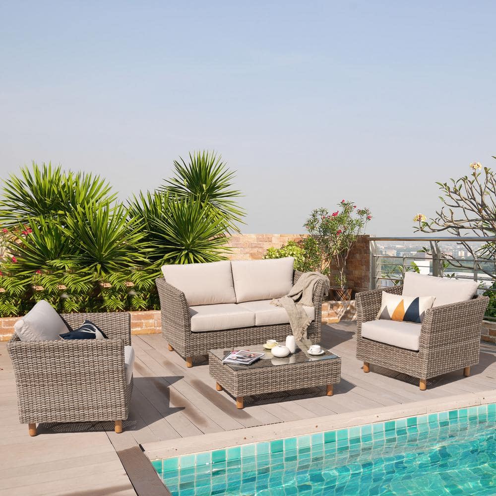 Nuu Garden Orlando 4-Piece Wicker Outdoor Sectional Sofa Set with