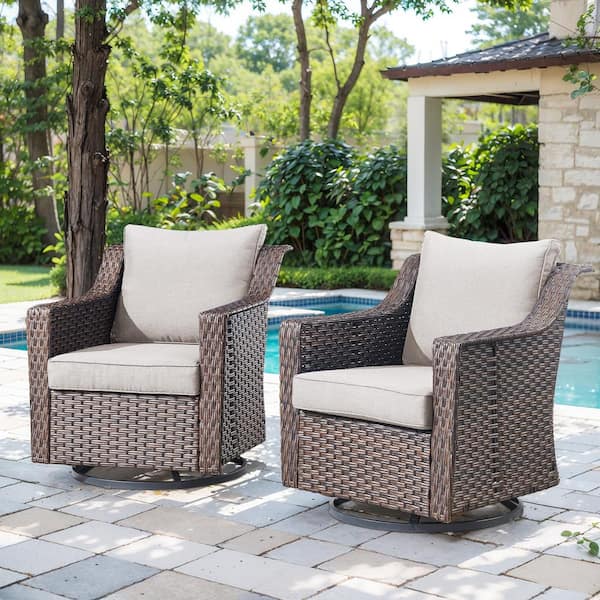Luxurious Brown Swivel Glider Wicker Outdoor Rocking Chair with Beige Cushions and 4 In. Wide Armrest (2-Pack)