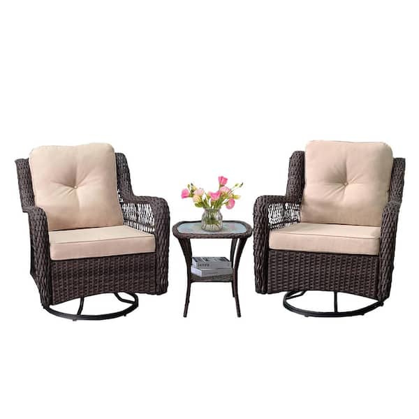 maocao hoom 3-Piece Brown Wicker Patio360-Degree Swivel Rocking Chairs Conversation Set with Brown Cushions